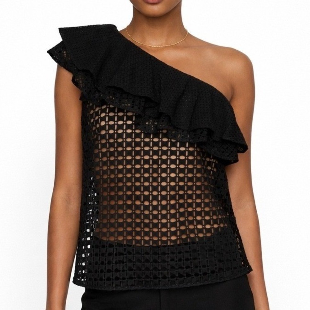 J Crew Womens Top 6 Black Eyelet Lace Nude Lined One Shoulder Feminine Romantic